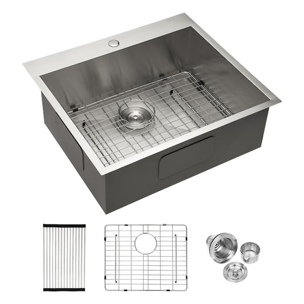 25 in. Drop-In/Undermount Single Bowl 16-Gauge Brushed Nickel Stainless Steel Kitchen Sink with Grid and Drain