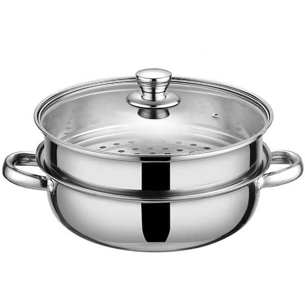 2-Tier 11 qt. Stainless Steel Silver Steamer Pot with Glass Lid for Cooking Veggies Fish Seafood Noodles Pasta