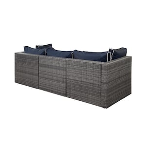 TAZZ 4-Piece Rattan Outdoor Sectional with Cushions and Throw Pillow with Gray/Navy Blue