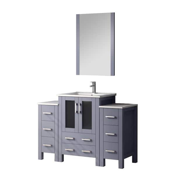 Volez 48 in W x 18.25 in D Dark Grey Bath Vanity with Side Cabinets, Faucet Set, White Ceramic Top, and 22 in Mirror