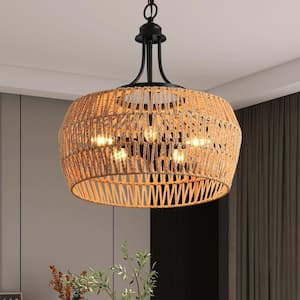 Caneo 19 in. 5-Light Woven Rattan Farmhouse Brown Chandelier Light With Woven Lampshade For Hallway, Island, Dining Room