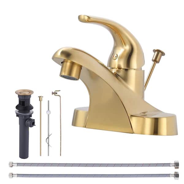 ARCORA 4 in. Centerset Single Handle Low Arc Bathroom Faucet with Popup Drain Included in Brushed Gold