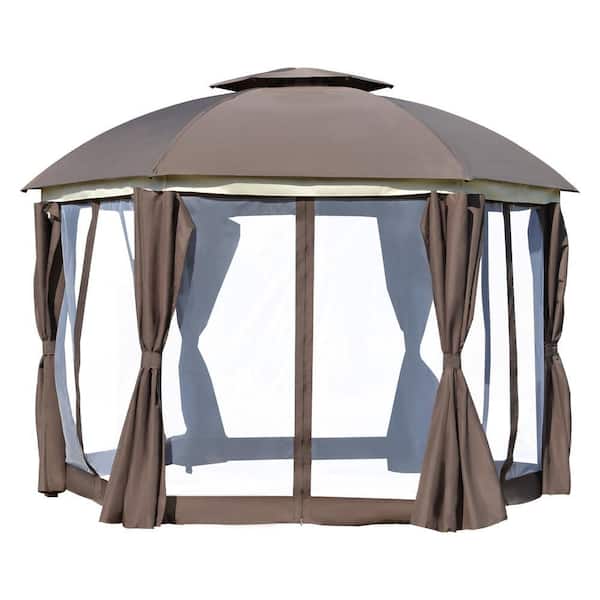 12 ft. x 12 ft. Brown Round Outdoor Gazebo, Patio Dome Canopy Shelter with Double Roof, Netting Sidewalls and Curtains