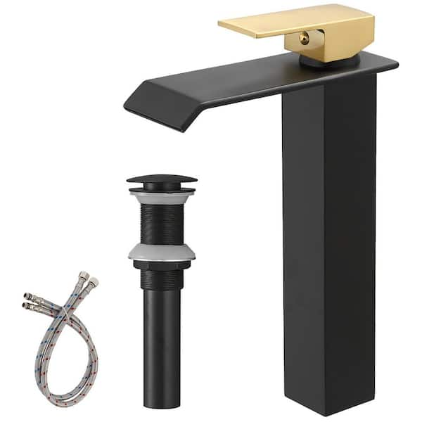 BWE Waterfall Single Hole Single Handle Bathroom Vessel Sink Faucet With Pop-up Drain Assembly in Matte Black & Gold