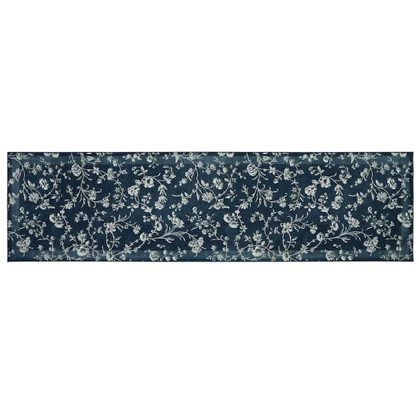 Aria Floral Border Chenille Dark Navy 2 ft. x 6 ft. Polyester Runner Rug