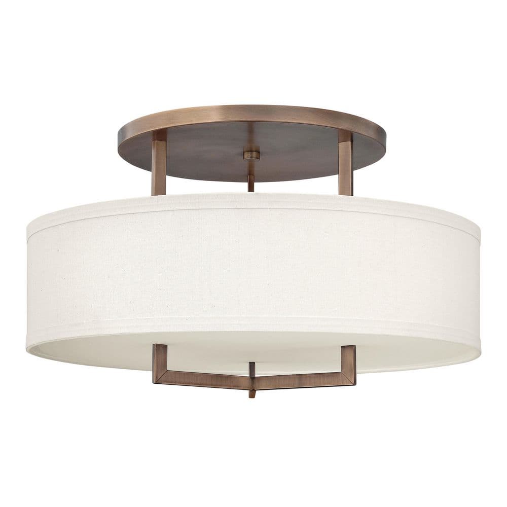 Brushed Bronze 26" Drum Semi-Flush Mount with Off-White Linen Shade