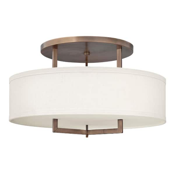 HINKLEY - Hampton 26 in. 3 Light Brushed Bronze Semi-Flush Mount with Off-White Linen Hardback Shade