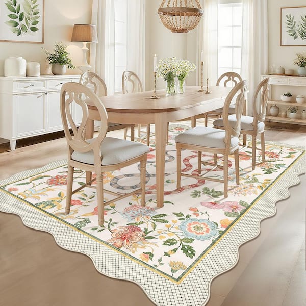8 ft. x 10 ft. Beige Washable Fan-Shaped Carpet Insect Plant Print