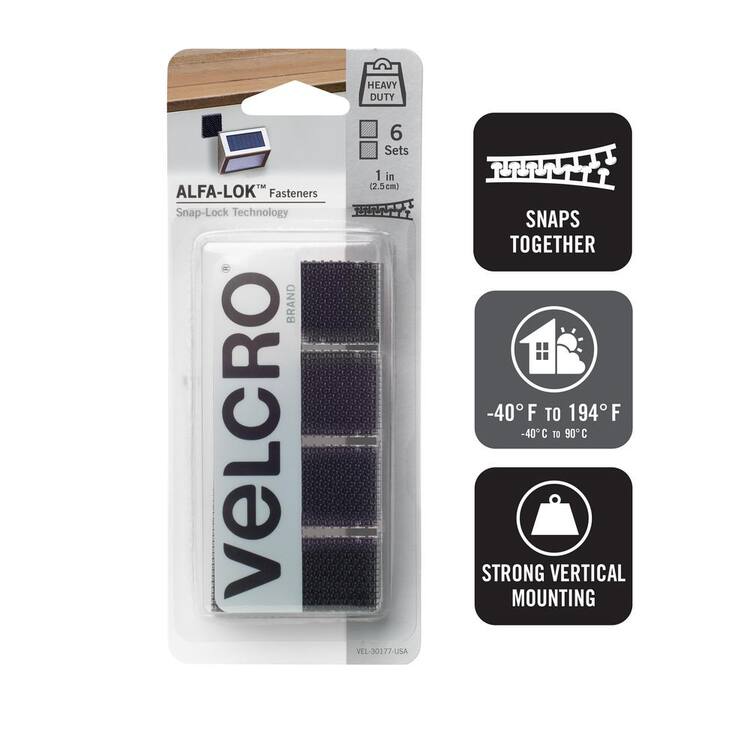 VELCRO ALFA-LOK 1 in. x 1 in. Squares in Black (6 Sets per Pack)