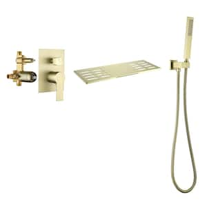 Single-Handle Wall Mount Roman Tub Faucet with Hand Shower and Waterfall in Brushed Gold