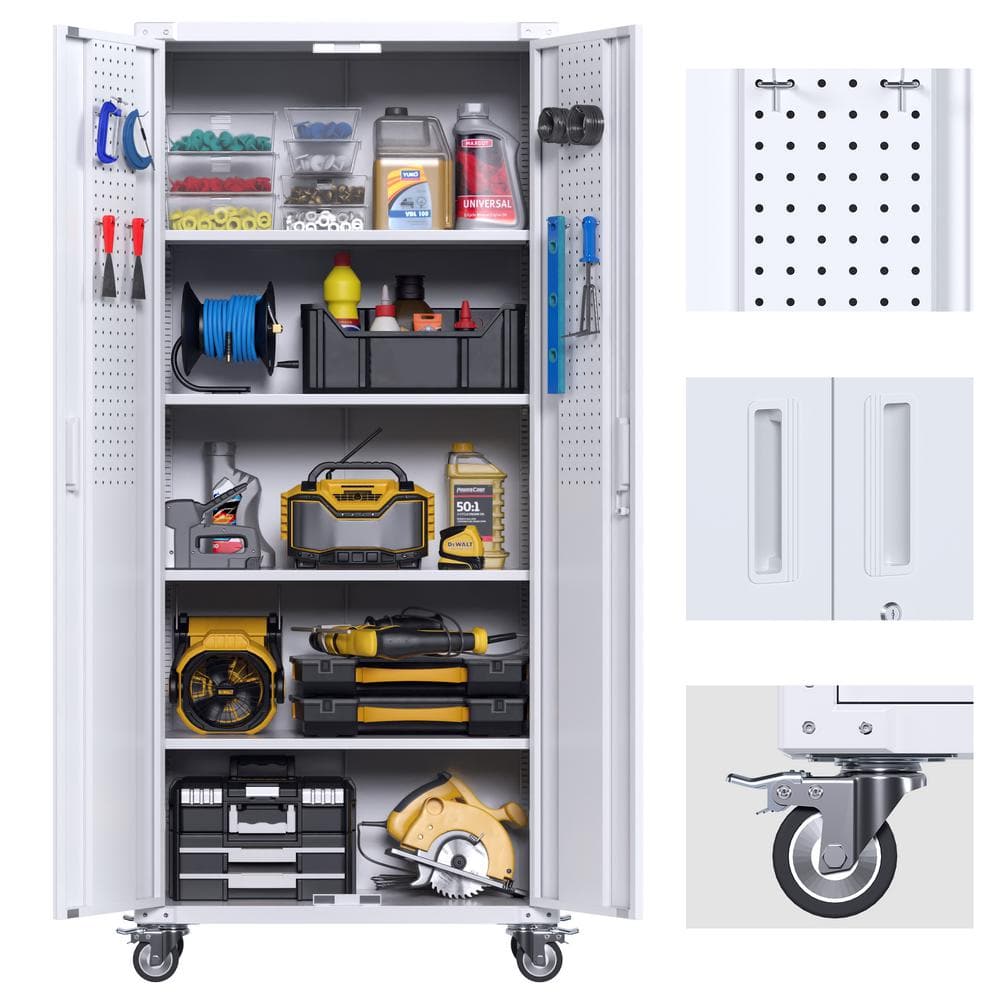 72-Inch White Metal Freestanding Lockable Office Cabinet with Adjustable Shelving