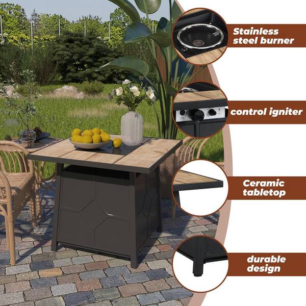 19 inch Outdoor Propane Fire Pit Table with 2 Chairs, 40,000 BTU Patio Gas Heater Column with Vertical Texture Surface, Red Lava Rocks, and PVC Firebowl Cover