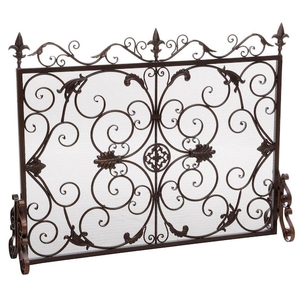 Avex Golden Black Iron 1-Panel 45 in. Fireplace Screen with Gorgeous Floral Pattern Decoration