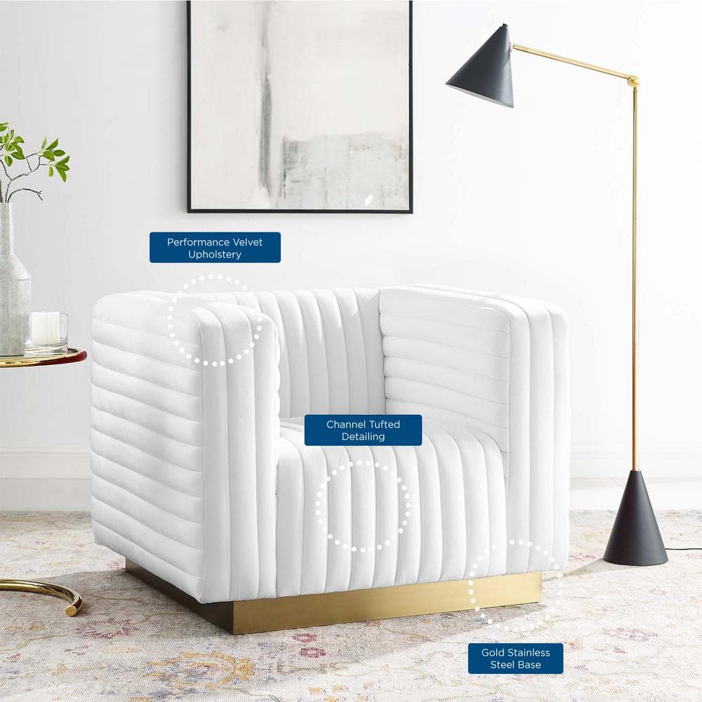 White Velvet Channel Tufted Accent Chair with Gold Base