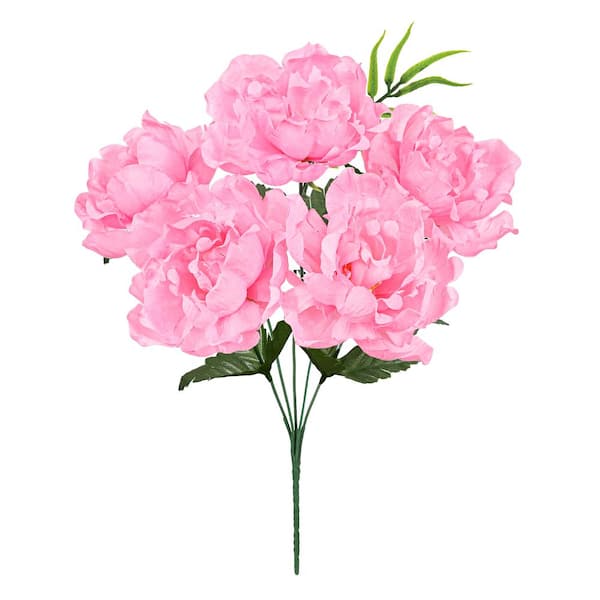 LIVING LUXURY 14 in. Pink Artificial Open Peony Flower Stem Bush Bouquet (Set of 12)