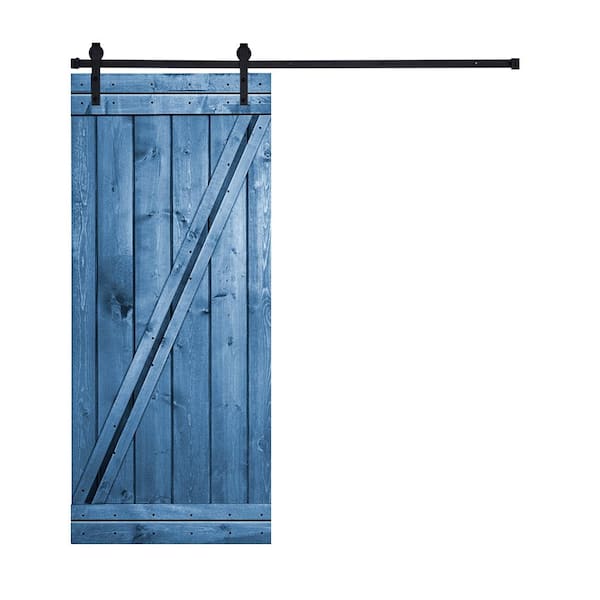 AIOPOP HOME Modern Z Style Series 42 in. x 84 in. Royal Navy Blue stained Knotty Pine Wood DIY Sliding Barn Door with Hardware Kit