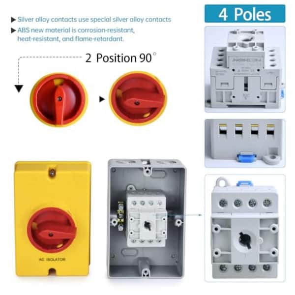 32 Amp 4-Space Outdoor AC Disconnect Switch, IP66 Waterproof 110-690V AC 4-Pole 3-Phase Isolator