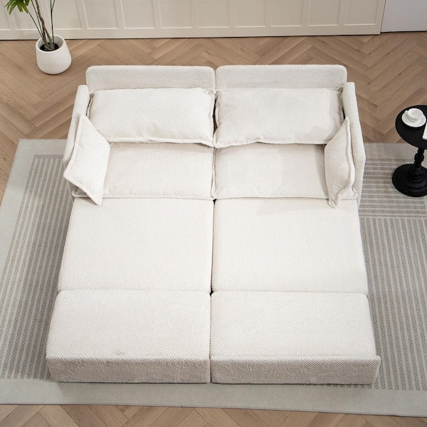 Philip 73.6 in. White Chenille Upholstery Full Size Pull Out Sofa Bed with USB/C-TYPE Charging Ports, Side Storage