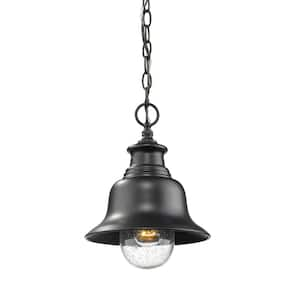 1-Light 9 in. Wide Powder Coated Black Outdoor Mini Pendant with Glass Shade