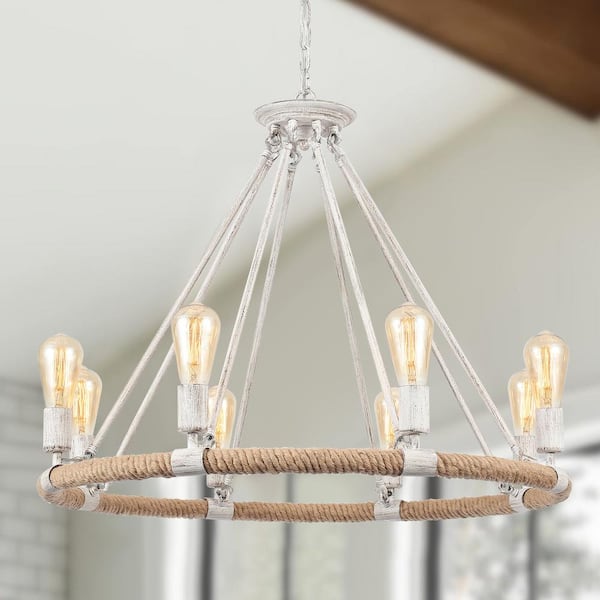 8-Light Gray Circle Candle Design Wagon Wheel Chandelier Hemp Rope Linear Lighting Fixture for Kitchen Island