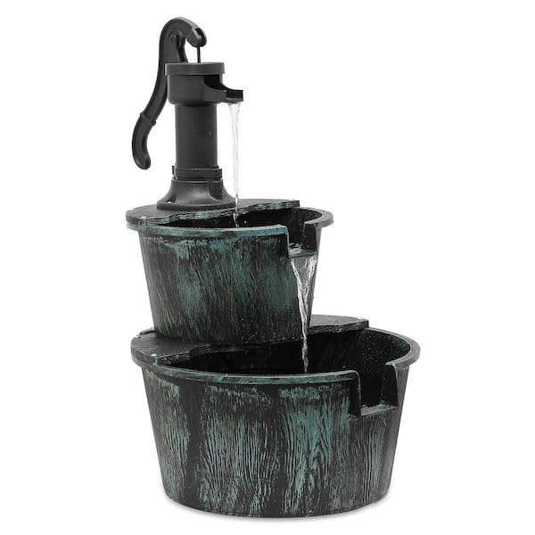 Green Polypropylene Outdoor 11 L 2-Tiered Fountain Barrel Garden Waterfall with Electric Pump