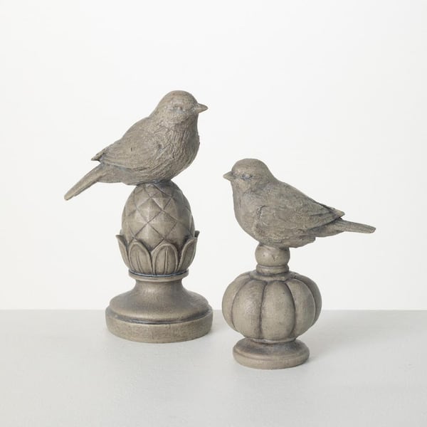 SULLIVANS 8" and 6.25" Gray Stone-Look Bird Finial Set (Set of 2)