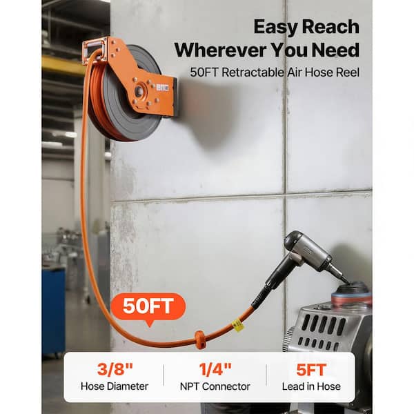 Retractable Air Hose Reel, 3/8 in. x 50 ft. Hybrid Air Hose Max 300PSI, Auto Rewind Air-Compressor Hoses Reel