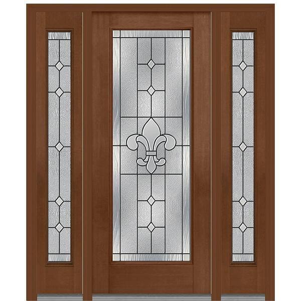 MMI Door 60 in. x 80 in. Carrollton Left-Hand Full Lite Decorative Stained Fiberglass Mahogany Prehung Front Door with Sidelites