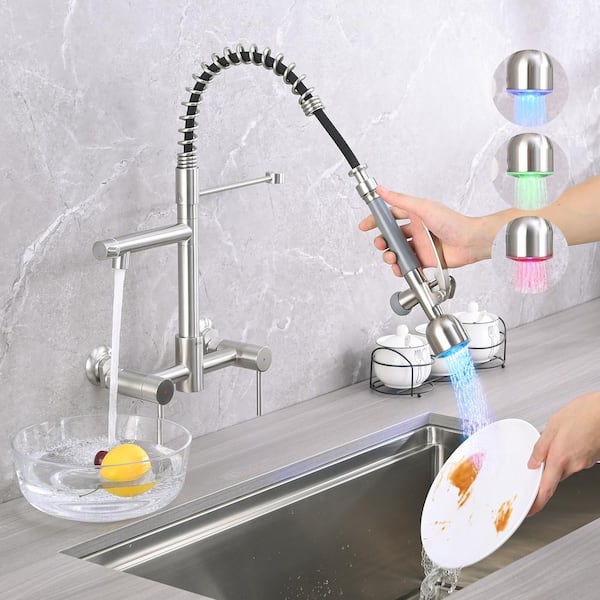 YASINU Double Handle Pull Down Sprayer Kitchen Faucet with High Pressure LED 8 in. Kitchen Sink Faucet in Brushed Nickel