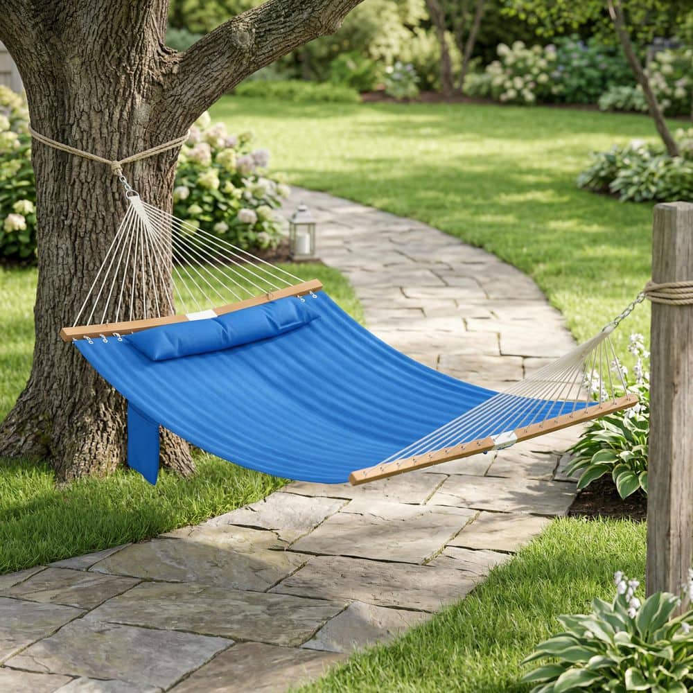 2-Person Navy Blue Wood Porch Swing, Patio Swing Chair Double 2-Person Navy Blue Wood Porch Swing, Patio Swing Chair Double