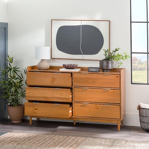 Welwick Designs 6-Drawer Caramel Solid Wood Mid-Century Modern Gallery-Top  Dresser (33.75 in. H x 55.25 in. W x 16 in. D) HD9546 - The Home Depot