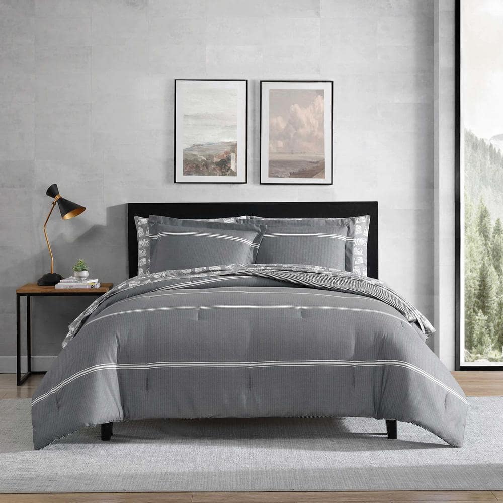 Gray Reversible Microfiber Queen Comforter Set with Chevron Stripes
