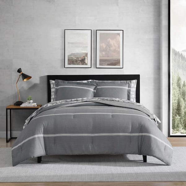 Chevron and Stripes 7-Piece White/Gray Microfiber Queen Bonus Comforter Set