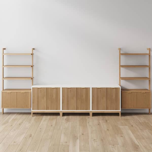 Jasper Warm White TV Stand Entertainment Center Fits TVs up to 75 in. with Fluted Doors 3 Cabinets and 2 Bookshelves Set