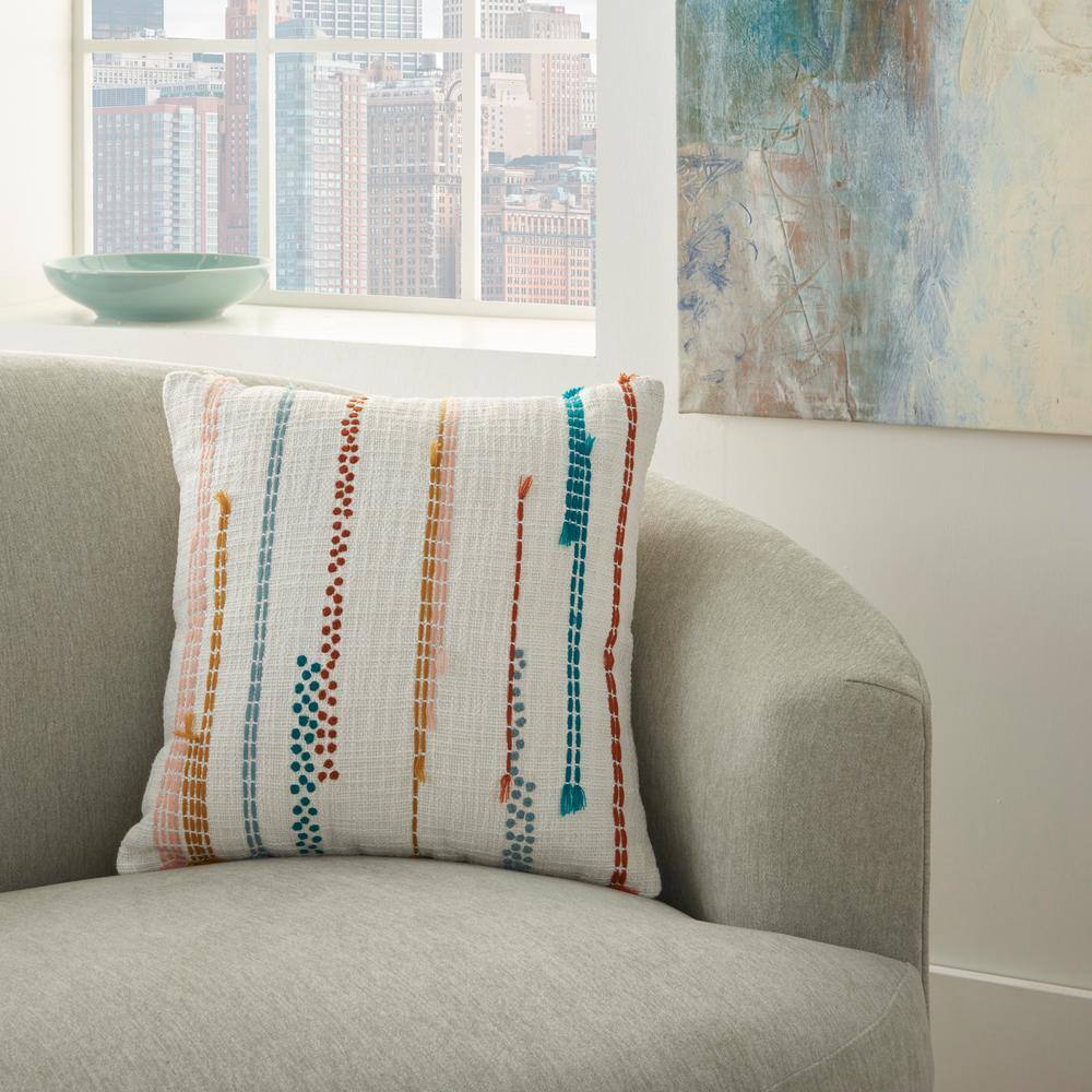 Multicolor Embroidered Cotton Square Throw Pillow 18" x 18"
