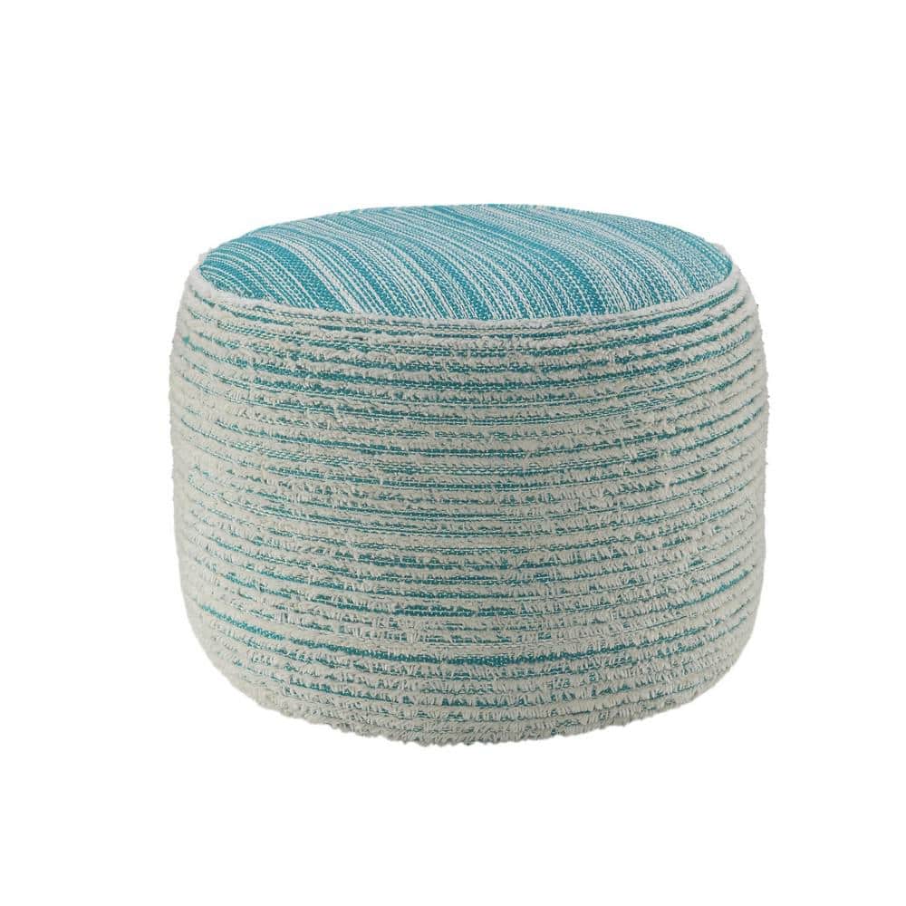 Aqua and White Textured Polyester Round Pouf Ottoman