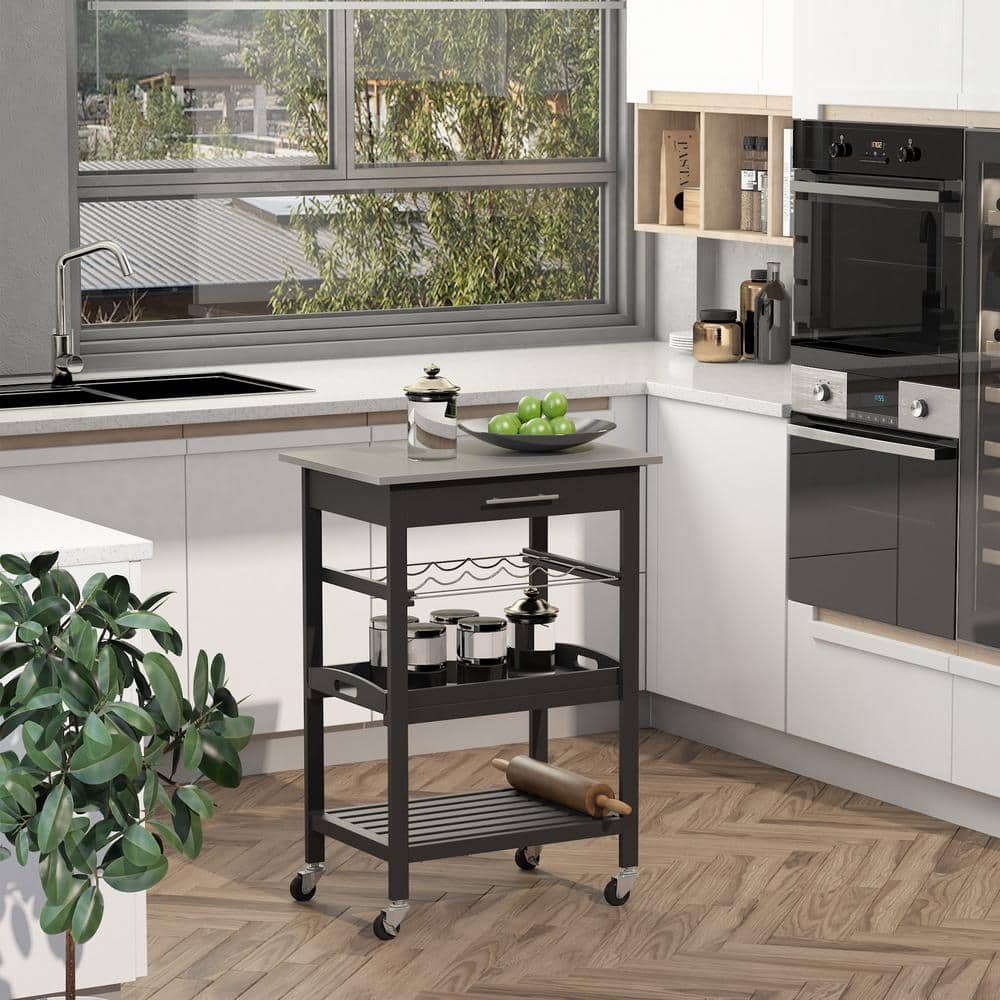 Stainless Steel Industrial Kitchen Cart with Wine Rack and Storage