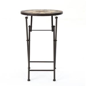 Outdoor Stone Side Table with Iron Frame, Beige/Black