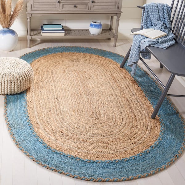 Natural Fiber 7 ft. x 9 ft. Oval Natural/Blue Border Woven Area Rug