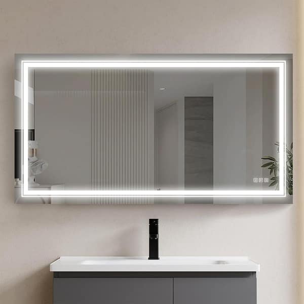 MEDUNJESS 54.7 in. W x 29.5 in. H Large Rectangular Frameless LED Light Anti-Fog Wall Mount Bathroom Vanity Mirror