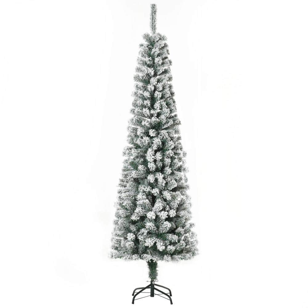 HOMCOM 6  Tall Unlit Snow-Flocked Slim Artificial Christmas Tree with Realistic Branches and 492 Tips