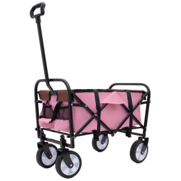 10 cu. ft. Steel Garden Cart, 225 lb. Capacity Extention Foldable Wagon Cart with Strapping System in Pink