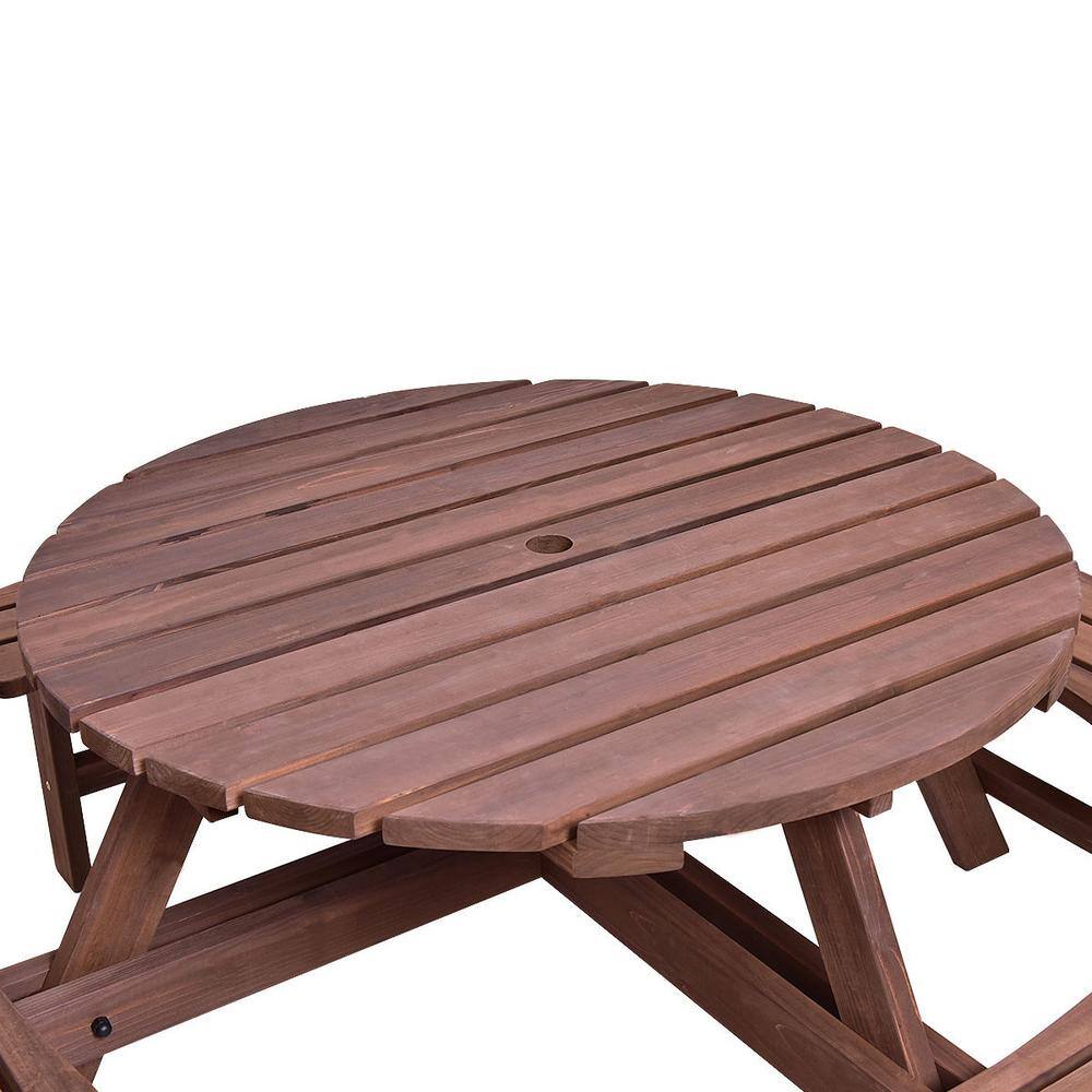 Brown Fir Wood Round Picnic Table Set with Umbrella Hole