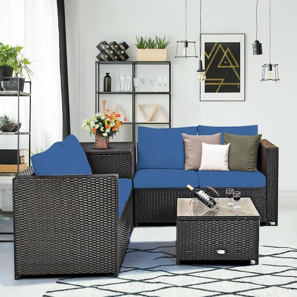 Liviza 4-Piece Outdoor Wicker Patio Conversation Set with Navy Cushions and Storage Box