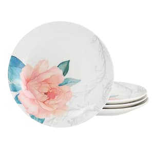 Peony 4 Piece 8 Inch Round Fine Ceramic Dessert Plate Set in White and Pink