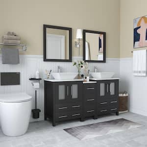 Ravenna 60 in. W Bathroom Vanity in Espresso with Double Basin in White Engineered Marble Top and Mirror