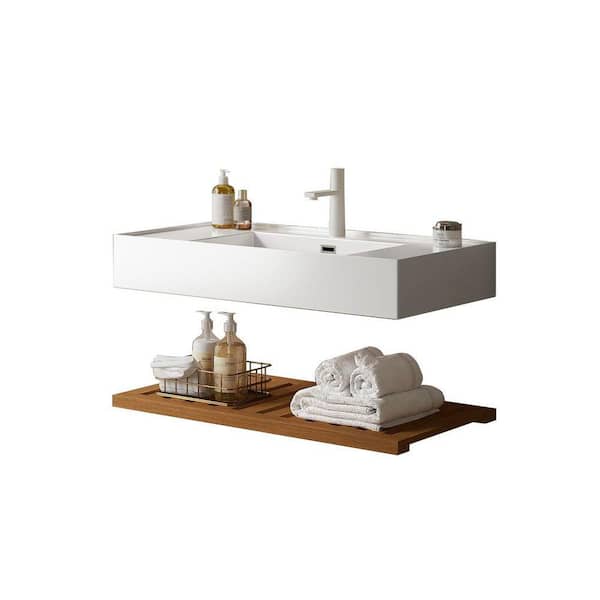 36 in. Wall-Mounted Rectangular Acrylic Bathroom Sink in White with One Walnut Striped Shelves Layer