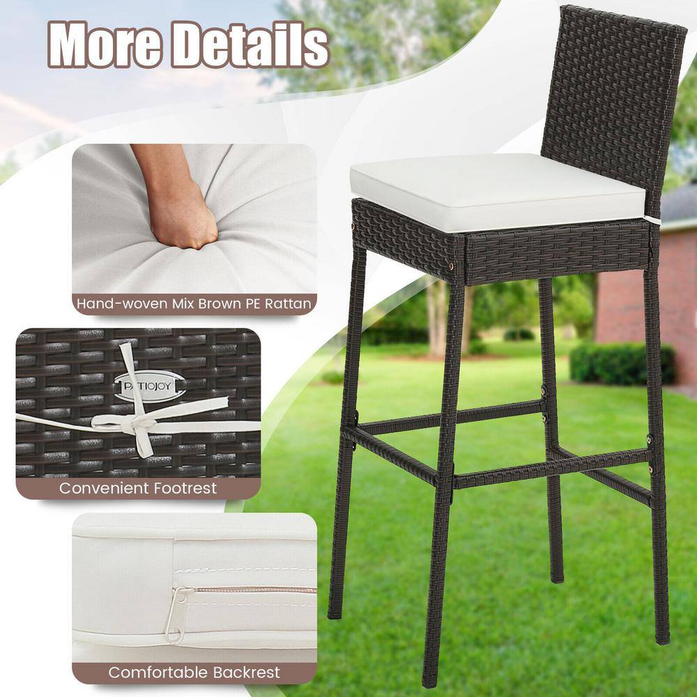 Black and Off-White Cushioned Wicker Barstools with Footrest - Set of 2