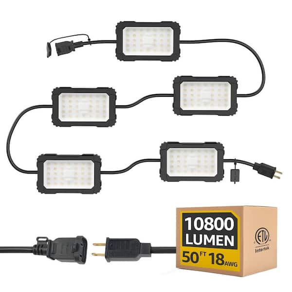 120-Volt Integrated LED Work String Lights, 50 ft. 5-Light Heads, 90W 10800 LM Linkable Hanging Jobsite Light