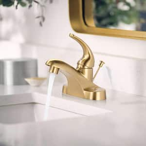 4 in. Centerset Single Handle Low Arc Bathroom Faucet with Drain Kit Included in Gold